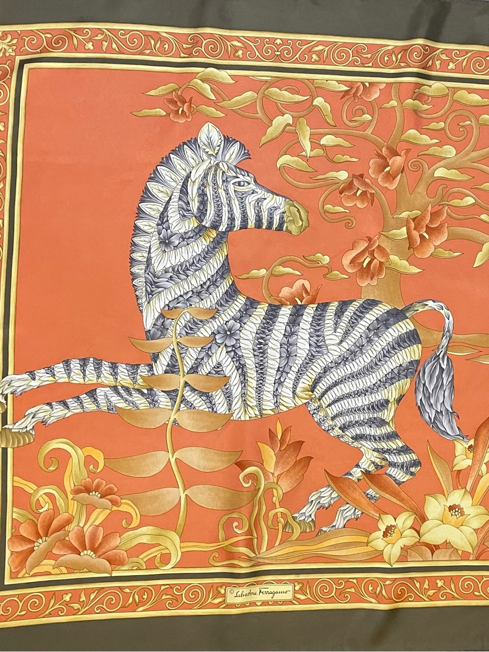 Gorg Salvatore Ferragamo Silk Scarf Zebra with Floral Stripes 34 In Exc Cond - Picture 3 of 10